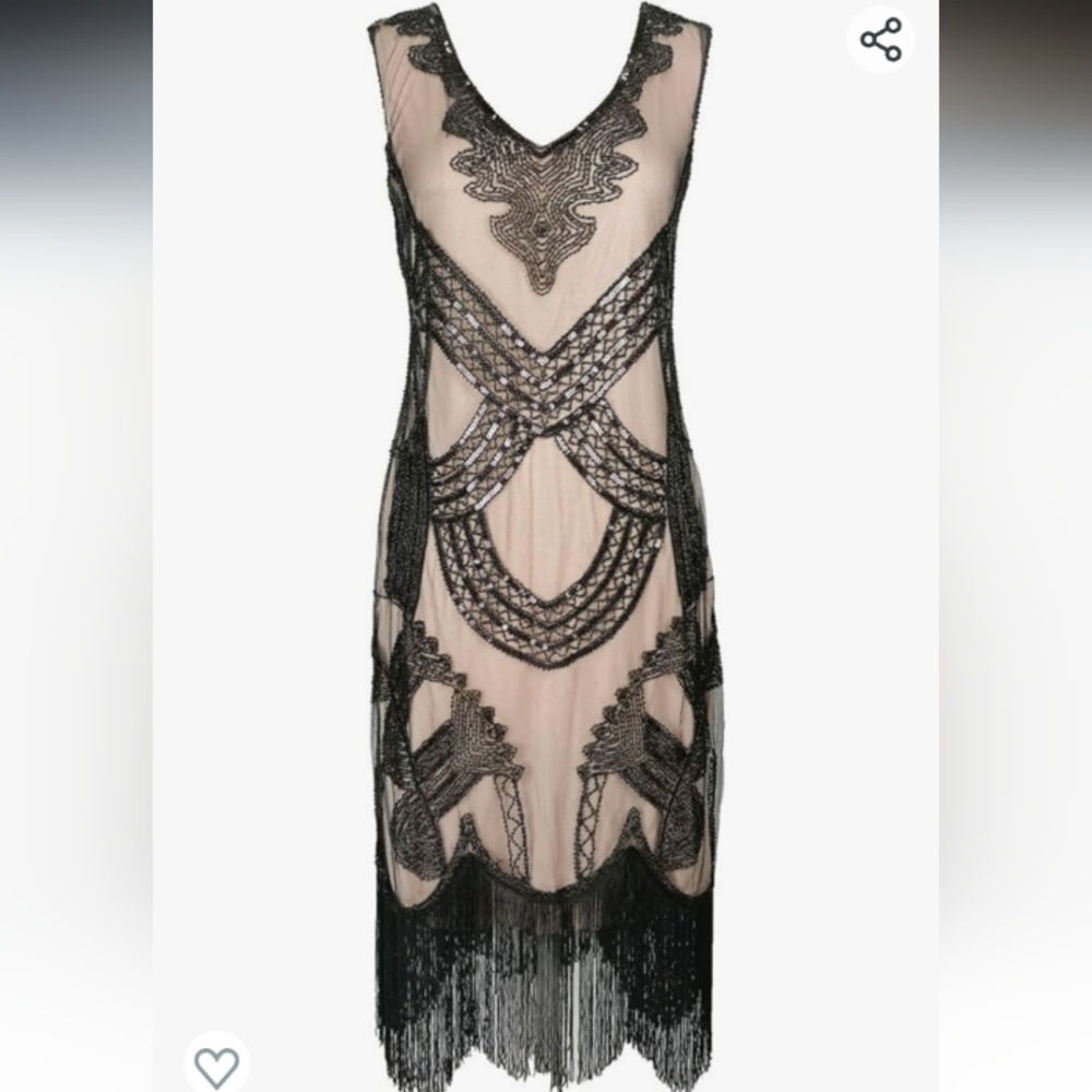 Sheer Cream/Tan with Black laced overlay and Sequin accent Vintage dress